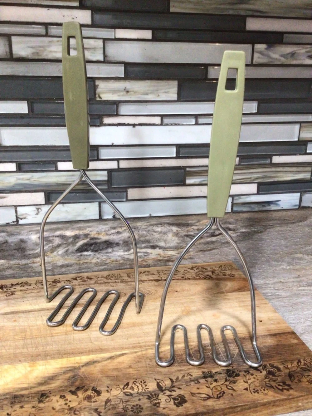Vintage Green Handle Potato Mashers Set of 2 Stainless Steel Kitchen Utensils.